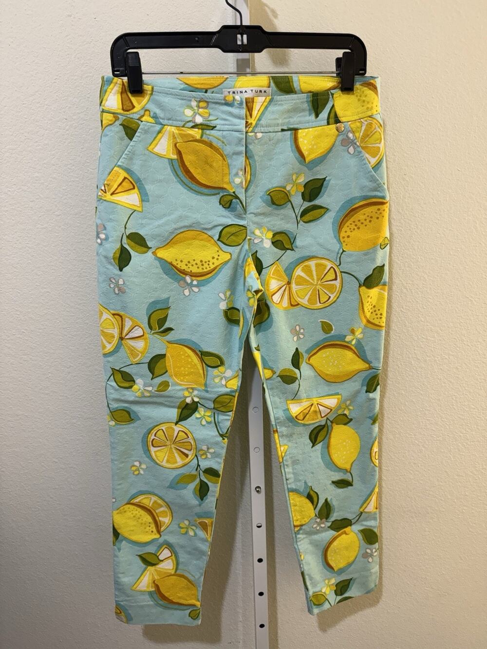 Trina Turk Moss 2 Slim Fit Crop Lemon Print Pants Size 4